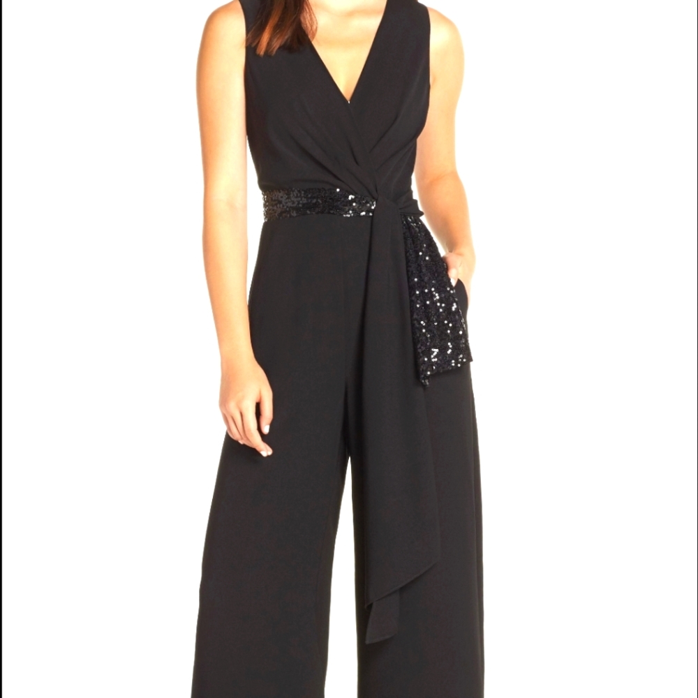 Eliza J Black Sequine wrap detail ankle wide leg jumpsuit vneck Sleeveless 24 W - Picture 1 of 13